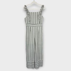 HYFVE tan cream linen wide leg romper M ruffle overalls jumper cropped striped